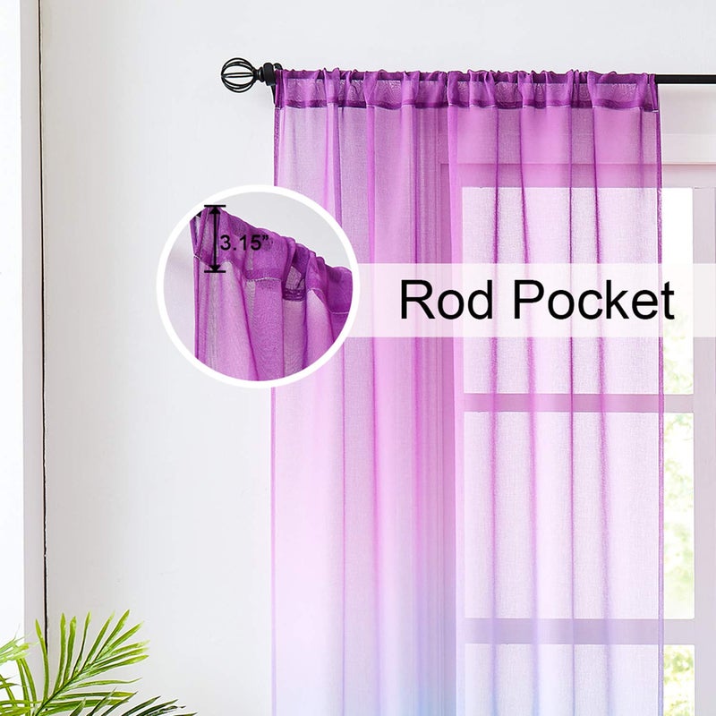 July Joy Faux Linen Ombre Sheer Curtains Blue and Purple 2 Tone Reversible Rod Pocket for Girls Bedroom, Privacy and Light Filtering Semi Gradient Window Curtain Pair, Set of 2 Panels, 54 x 84 inch - Image 3